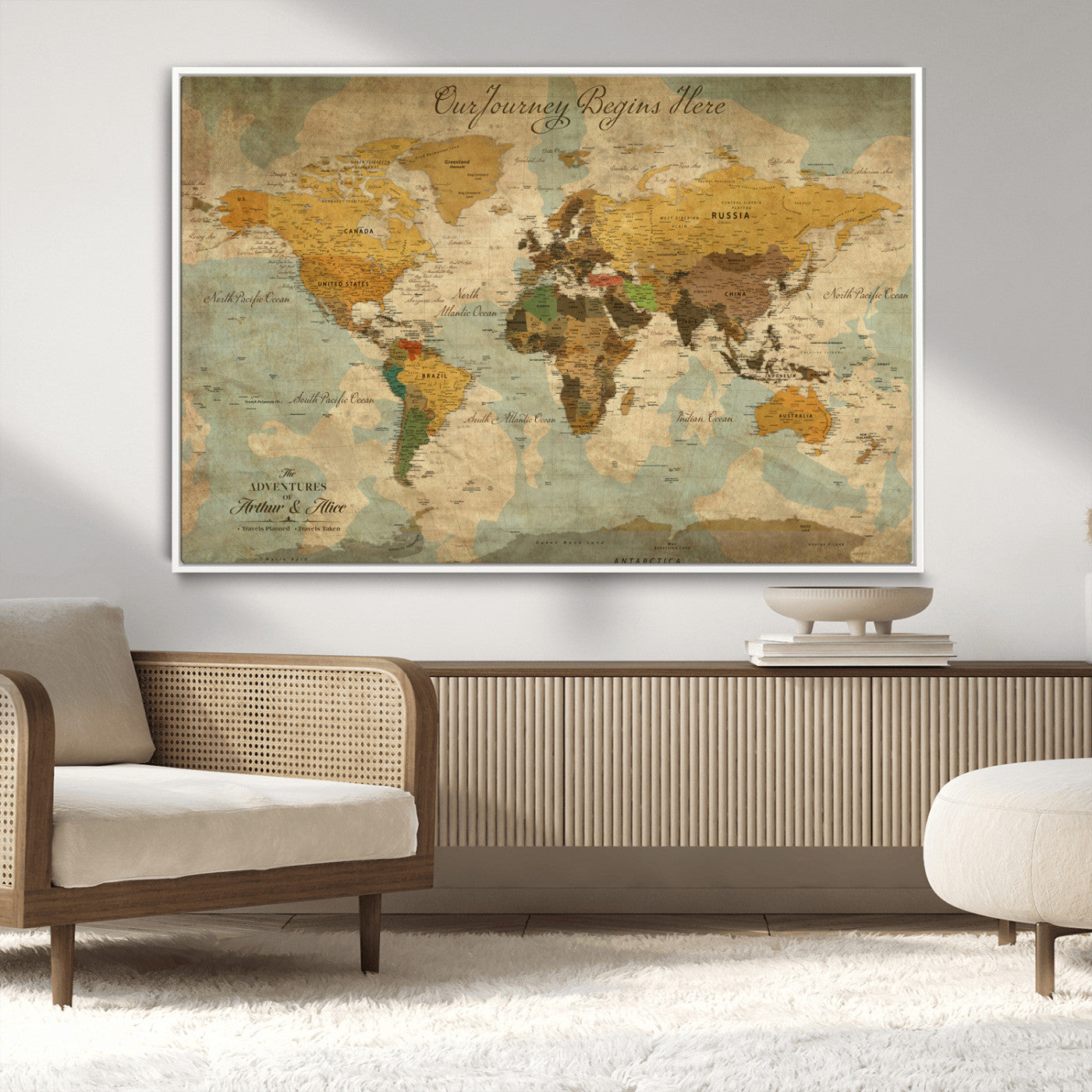 75523223-MGV-FC-36X24_White-Custom Push Pin World Map Wall Canvas Print – Personalized Travel Tracker with Pins – Framed Custom Quotie Canvas for Home Office