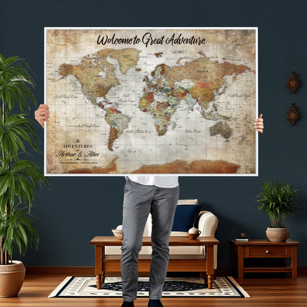 Personalized Beige Push Pin World Map Wall Art, Bucket List Map, Living Room and Family Room Decor