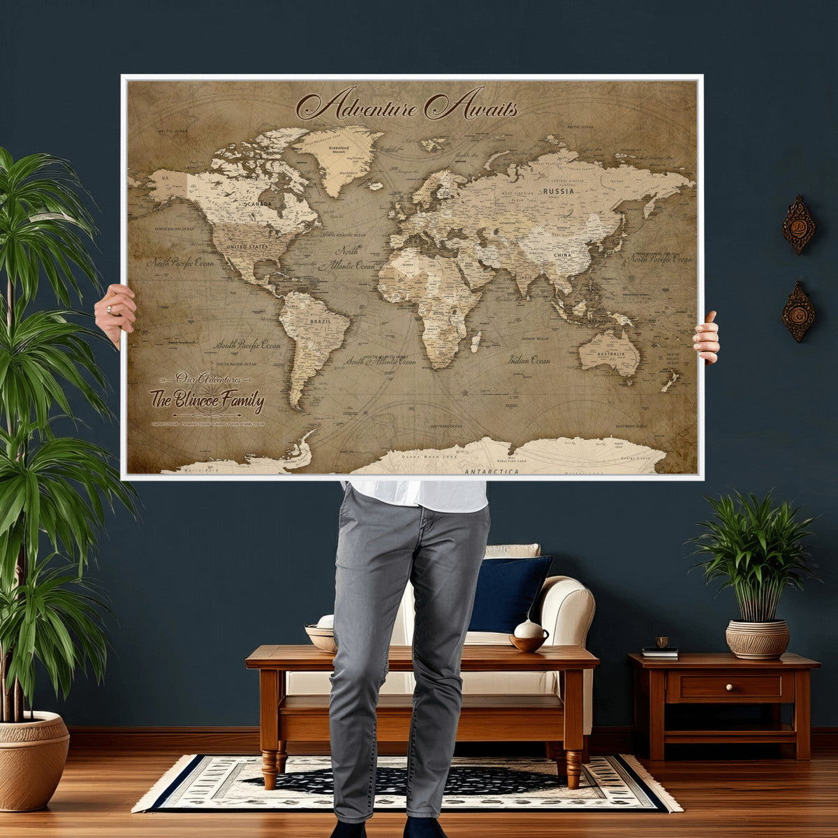 Custom Beige Modern Push Pin World Map Canvas Print, Family Travel Tracker, Dining Room and Home Office Decor
