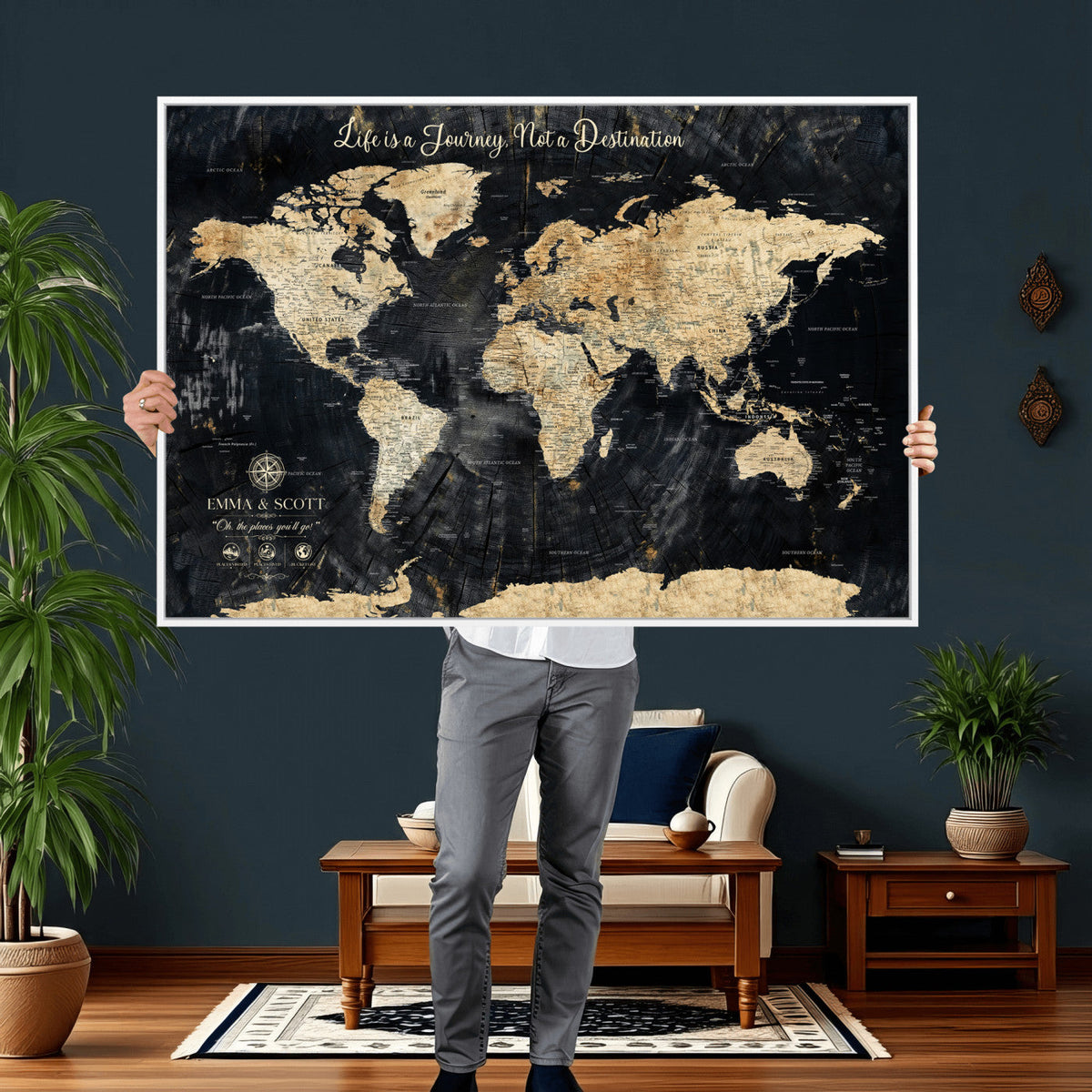 Personalized Framed Navy Modern Push Pin World Map Canvas Print, Couples Countries Visited Map, Family Room and Study Decor