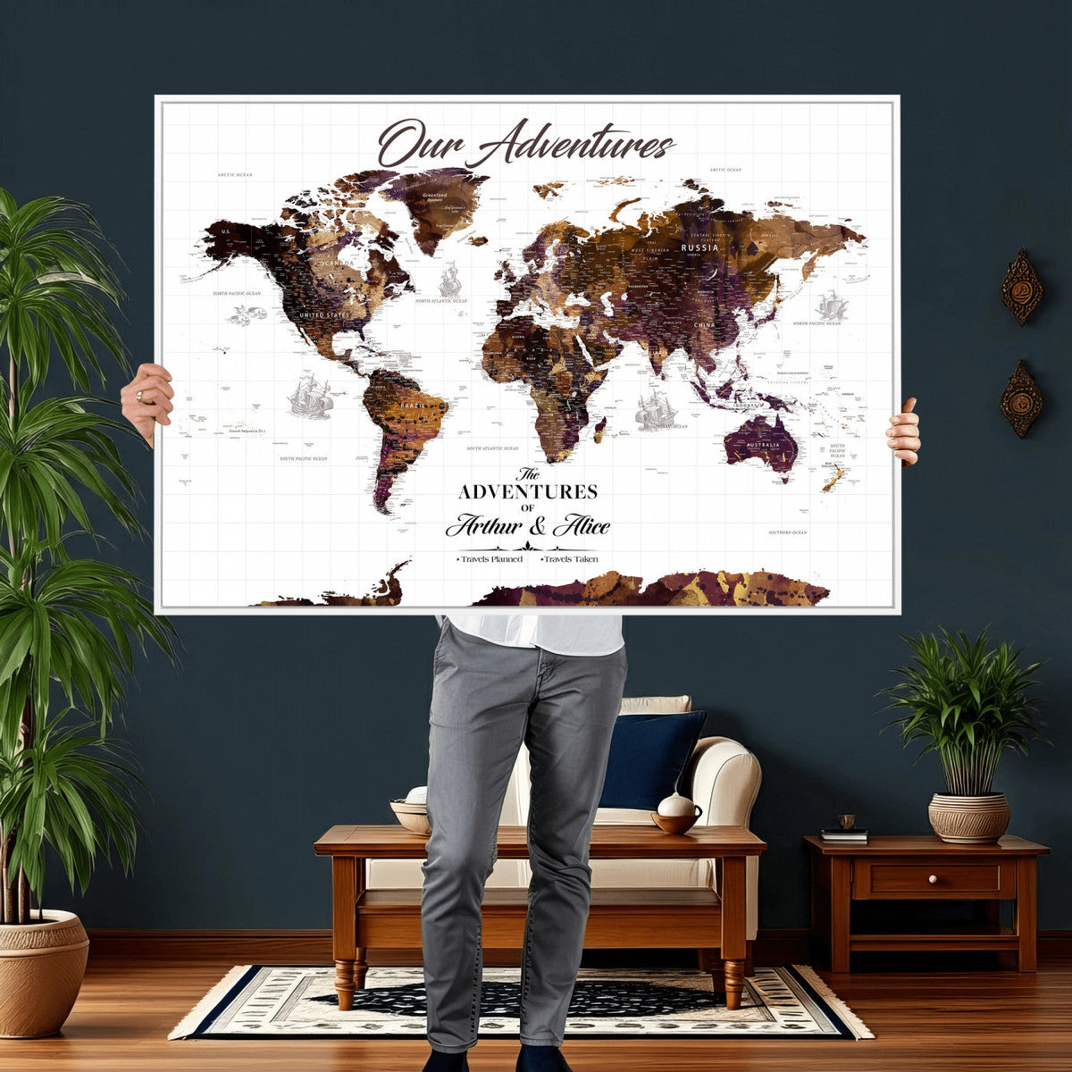 Personalized Framed Beige Vintage Push Pin Travel Map Canvas Print, Next Trip Planner Map, Home Office and Entryway Decor