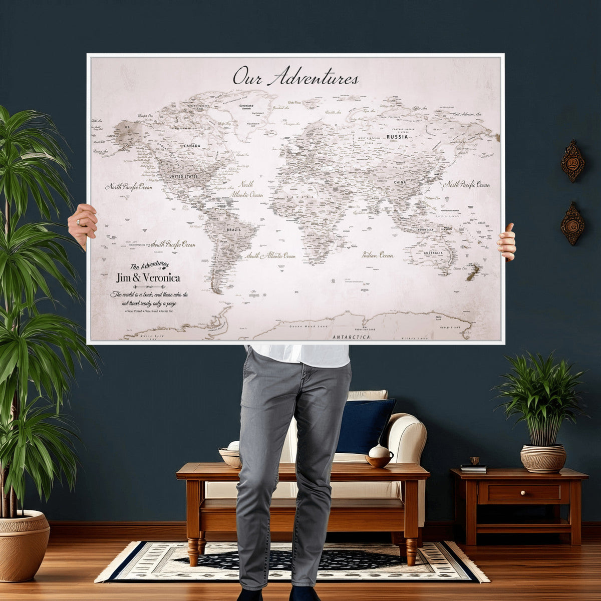 Personalized Beige Vintage World Travel Map Wall Art with Pins, Honeymoon and Anniversary Gift, Entryway and Hallway Decor