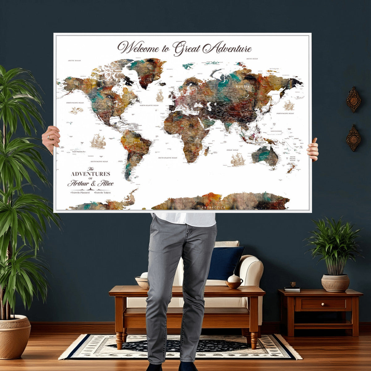 Custom Framed Beige Modern Push Pin World Map Wall Art, Couples Countries Visited Map, Study and Entryway Decor