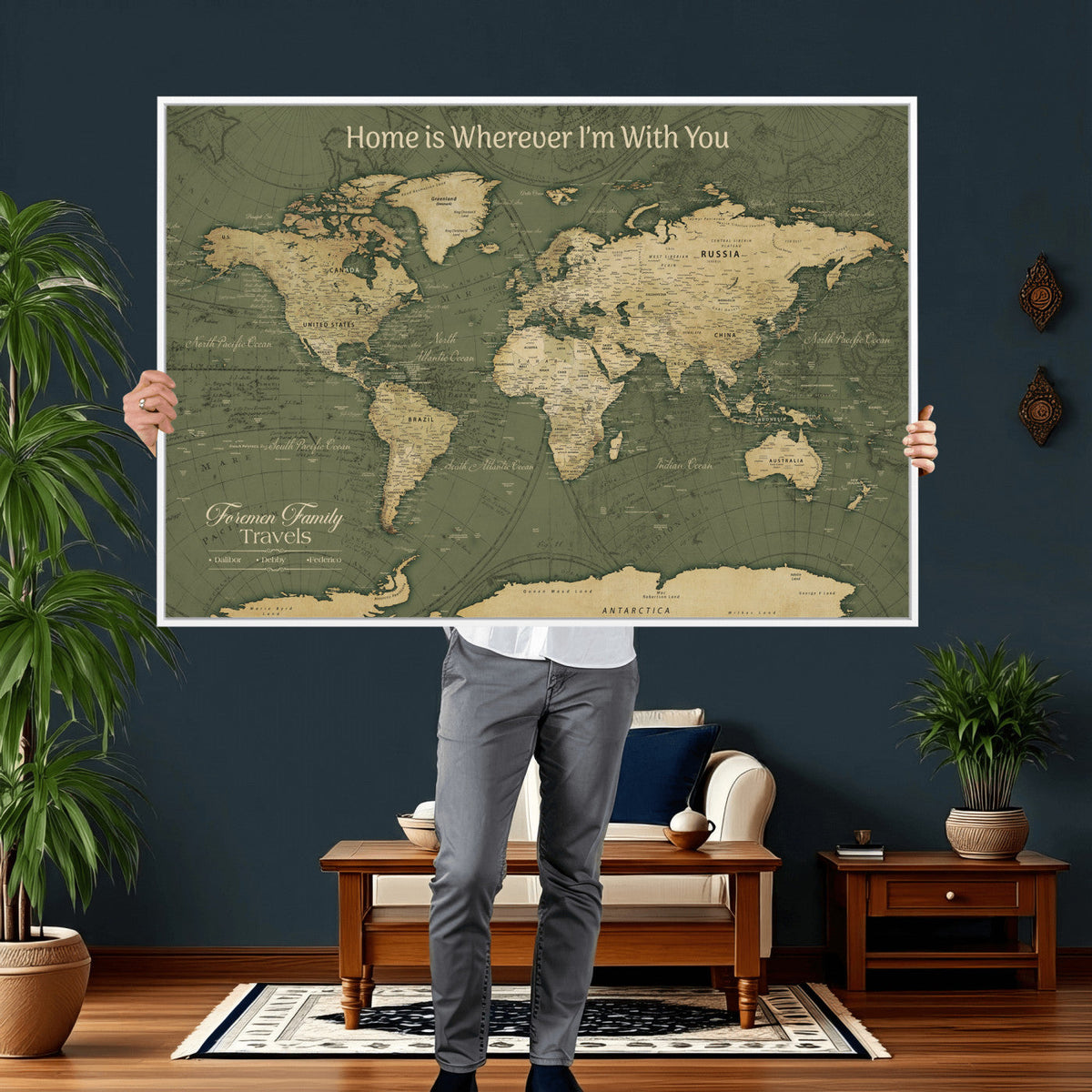 31715895-MGV-CV-36X24 - Custom Push Pin World Map Wall Art Canvas Print | Personalized Travel Tracker with Pins Framed Large for Home and Office Decor