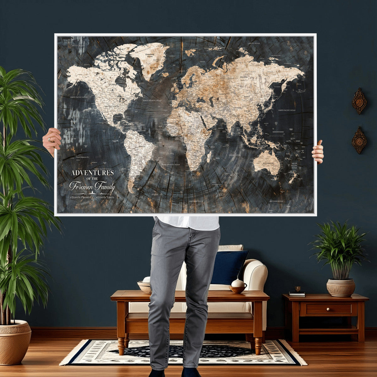 Personalized Framed Beige Push Pin World Map Canvas Print, Bucket List Map, Living Room and Hallway Decor