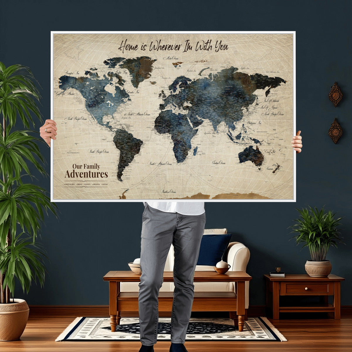 Personalized Framed Black Modern Push Pin Travel Map Canvas Print, Family Travel Tracker, Home Office and Entryway Decor
