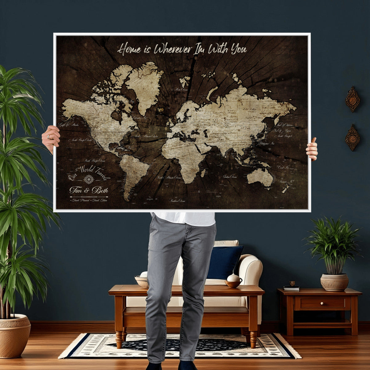 Personalized Watercolor Push Pin World Map Canvas Wall Art, Custom Framed Travel Map - NEWMAP-094
