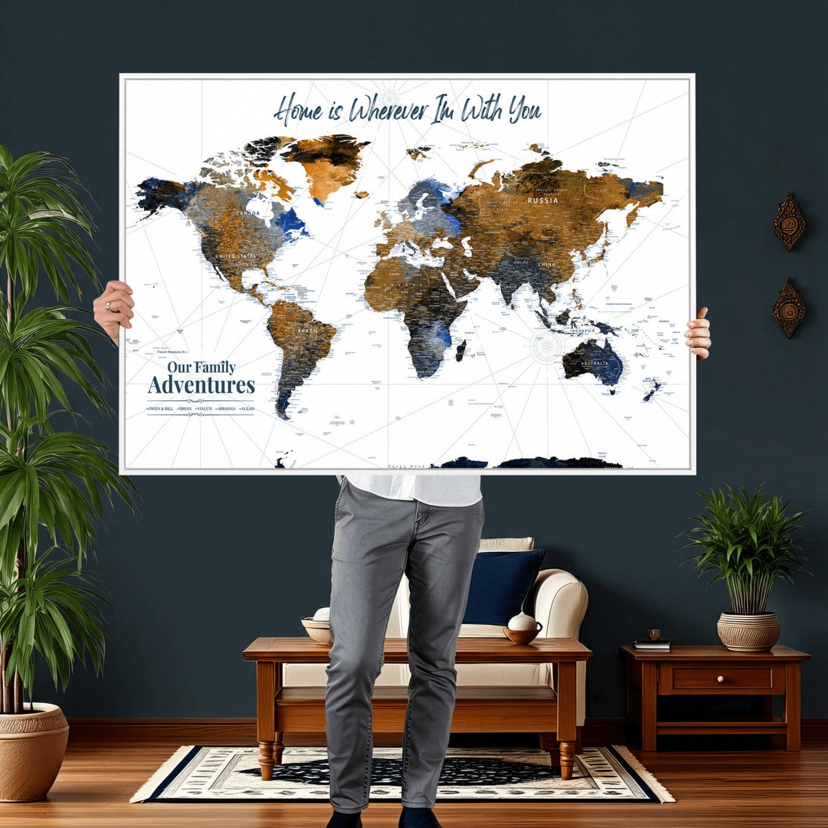 Personalized Framed Beige Modern Push Pin World Map Wall Art, Next Trip Planner Map, Family Room and Home Office Decor