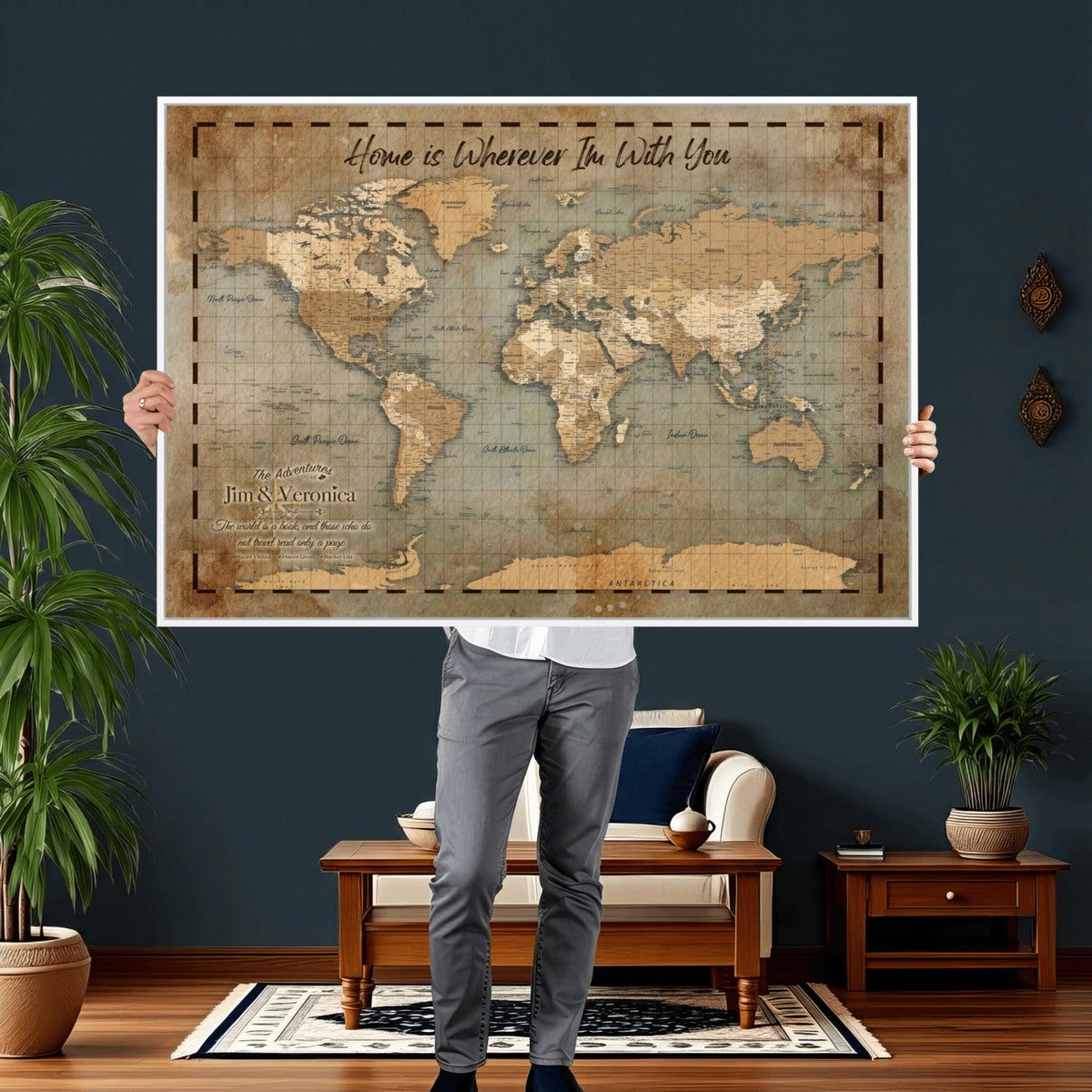 97123877-MGV-CV-36X24 - Vintage Custom Push Pin World Map Print | Vintage Travel Map Canvas, Personalized Names Anniversary Gift, Places Visited Pin Board