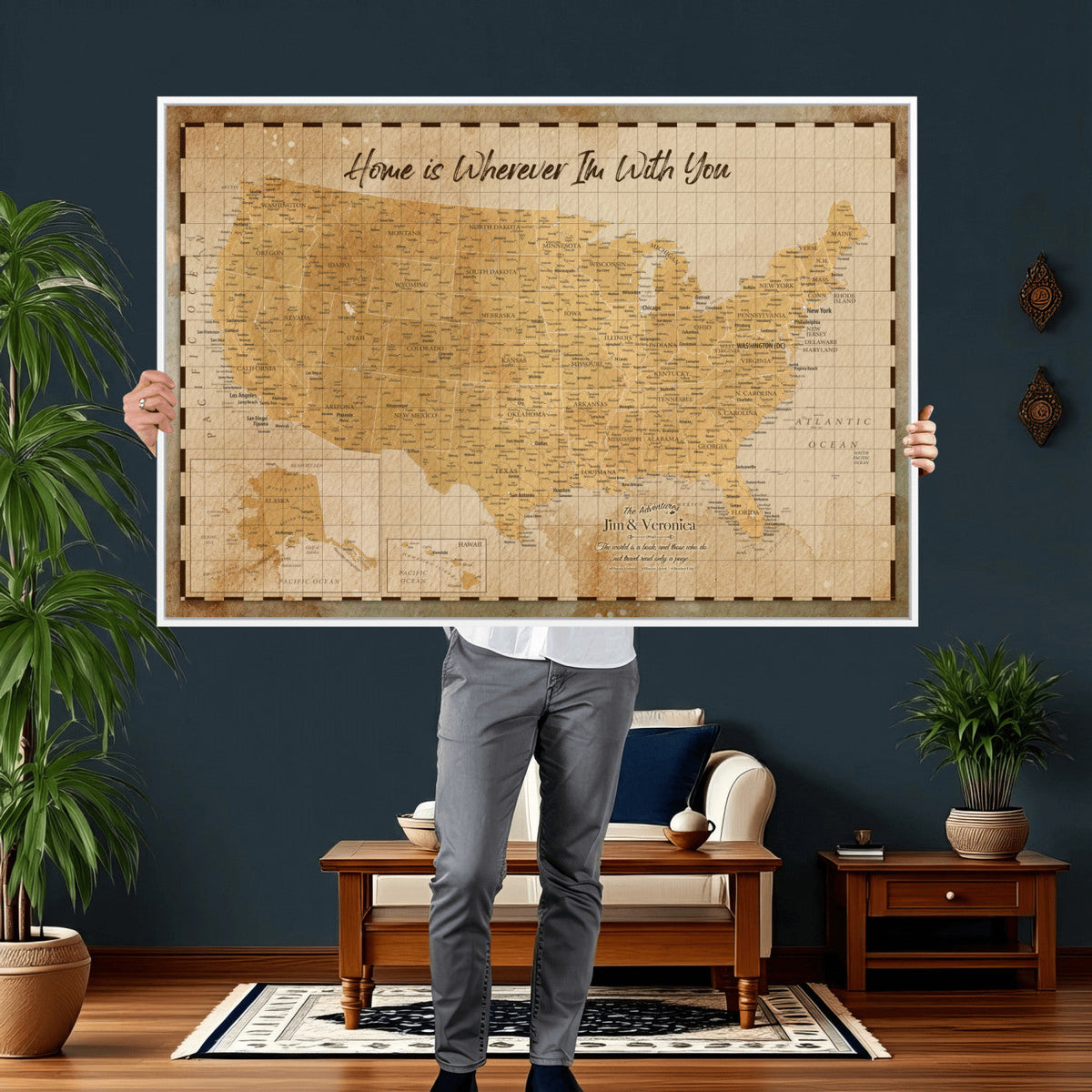 62164711-MGV-CV-36X24 - Personalized USA Push Pin Travel Map, Custom United States Map, Push Pin Map, USA Bucket List Map, Anniversary Gift - Couple Travel Map Wall Art