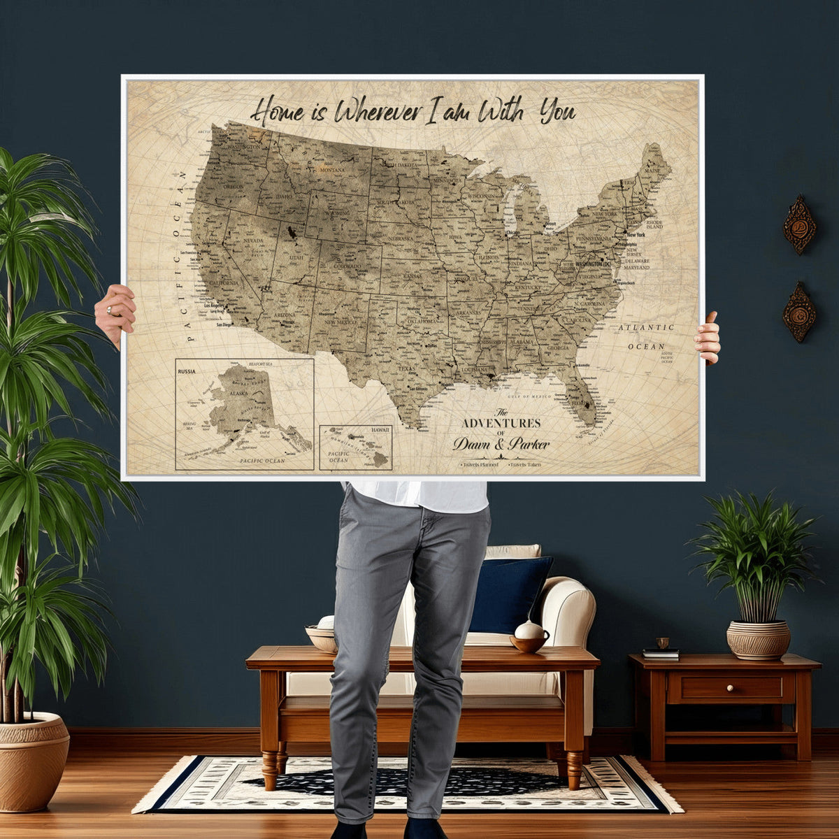 25440520-MGV-CV-36X24 - Detailed Personalized Push Pin United States Map Wall Art, States Visited Map, Office and Hallway Decor