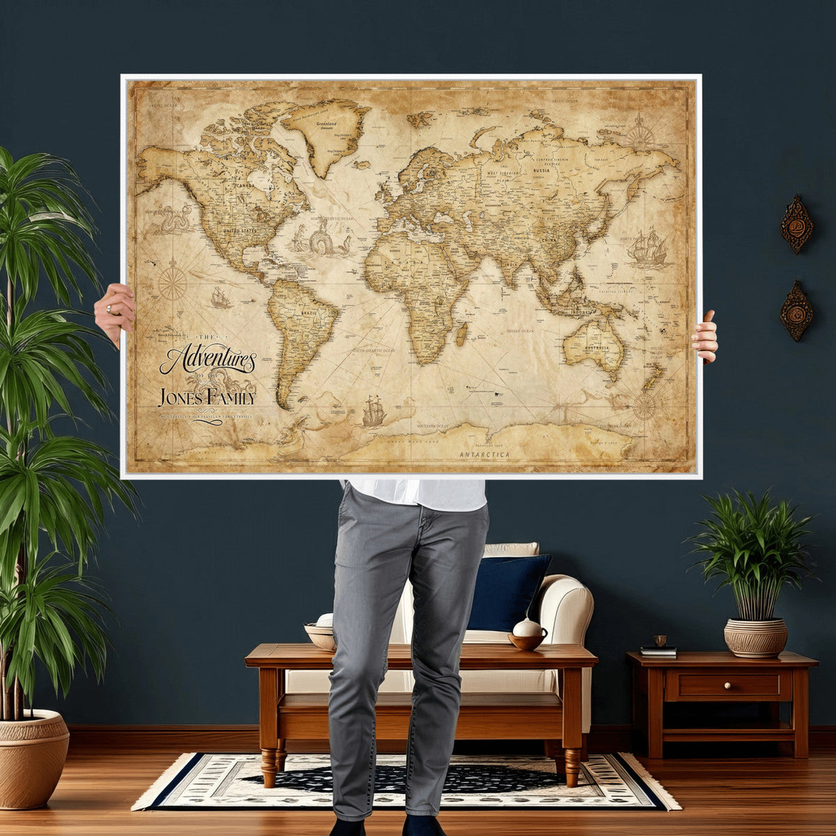 60956619-MGV-CV-36X24 - Custom Push Pin World Map Canvas Print | Personalized Travel Map Wall Art