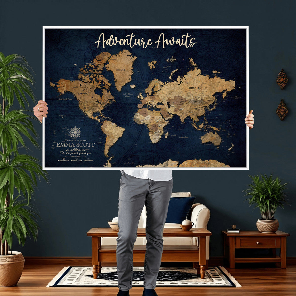 44399597-MGV-CV-36X24 - Custom Push Pin World Map Canvas Print | Personalized Travel Map Wall Art