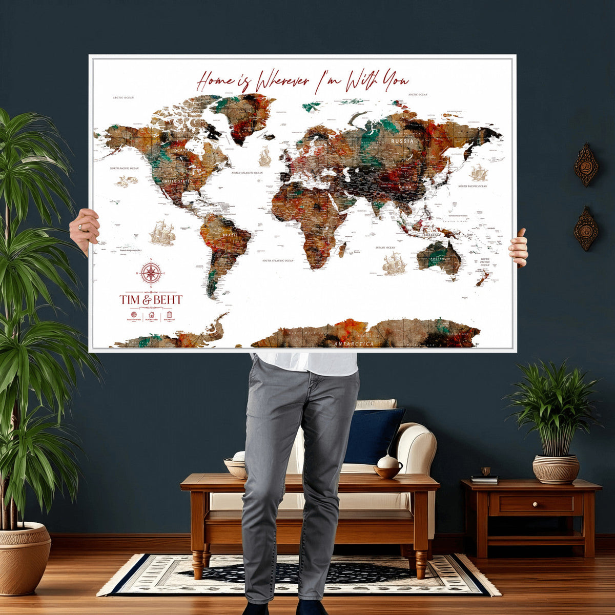 116MESUT-MGV-CV-36X24 - Custom Push Pin World Map Canvas Print | Personalized Travel Map Wall Art