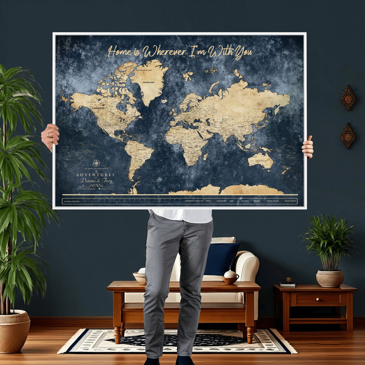 400867BL-MGV-CV-36X24 - Framed Blue Custom Push Pin World Map Canvas Print | Personalized Travel Map Wall Art