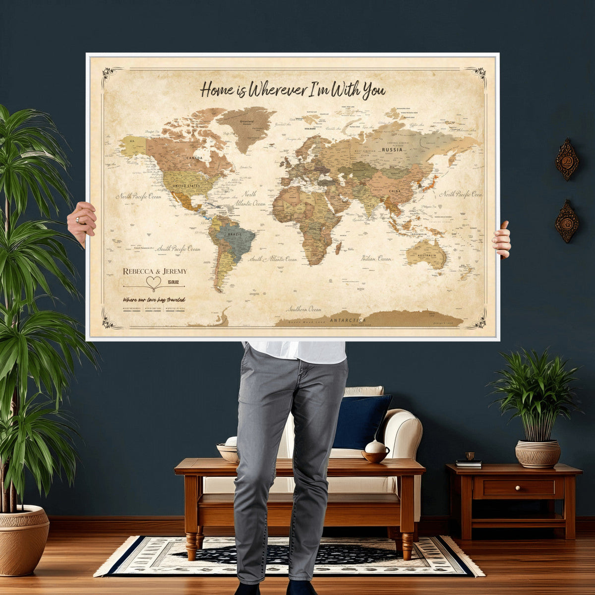 40086165-MGV-TP-30X20 - Framed Vintage Custom Push Pin World Map Canvas Print | Personalized Travel Map Wall Art