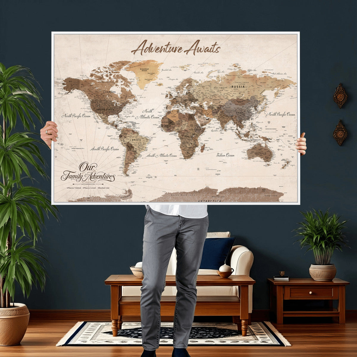 84865191-MGV-CV-36X24 - Our Family Adventures Push Pin World Map Wall Art Canvas Print - Family Travel Tracker Map with Pins