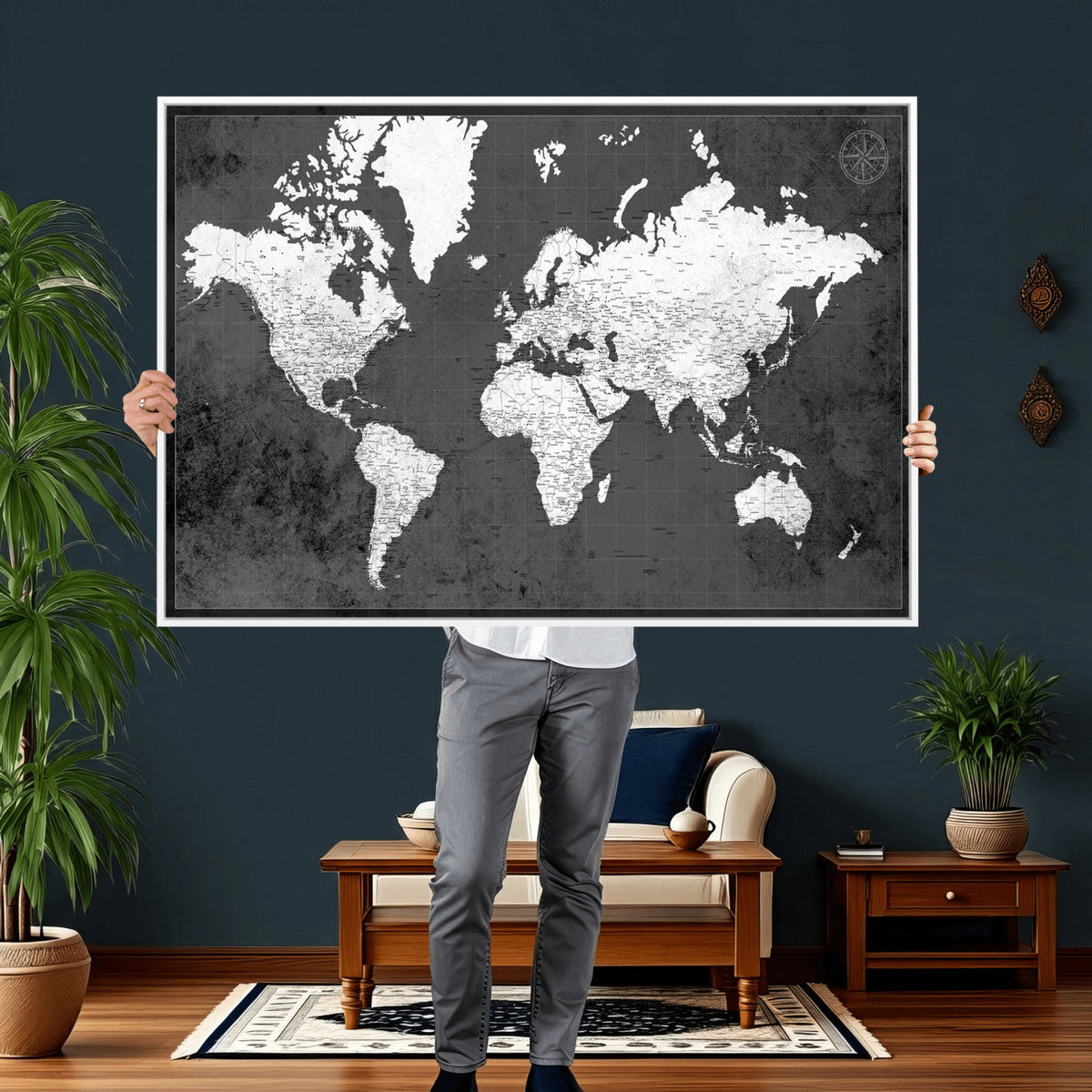 78574966-MGV-CV-36X24 - Extra Large Framed Personalize Push Pin World Map Wall Art Canvas Print for Travel Tracking - NEWMAP-128