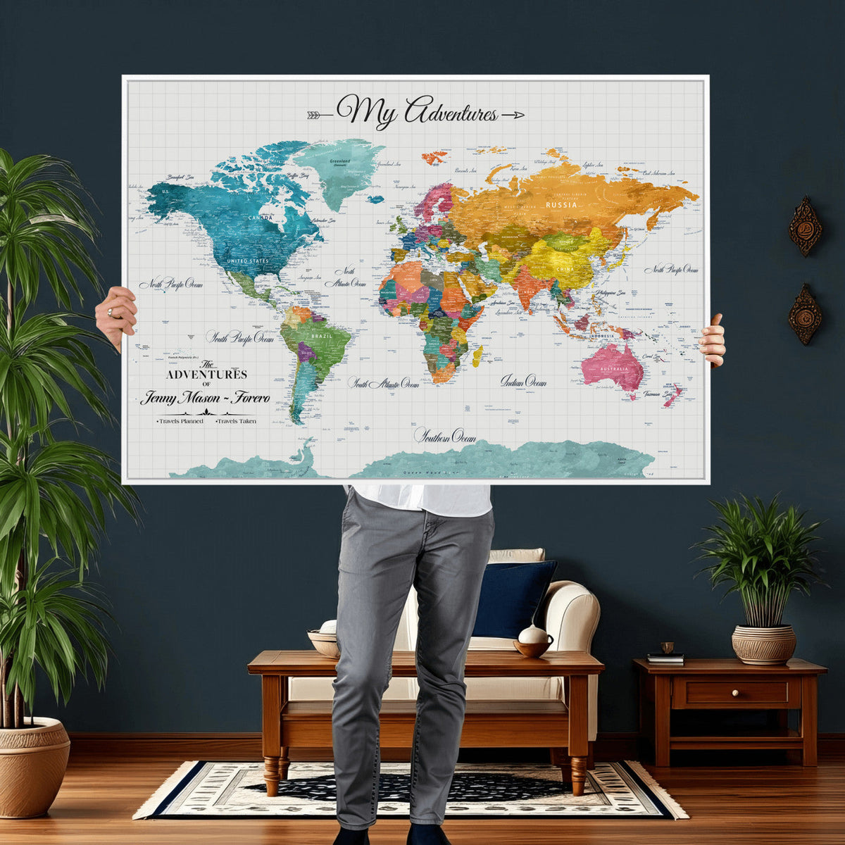 66743043-MGV-CV-36X24 - Extra Large Framed Personalize Push Pin World Map Wall Art Canvas Print for Travel Tracking - NEWMAP-131