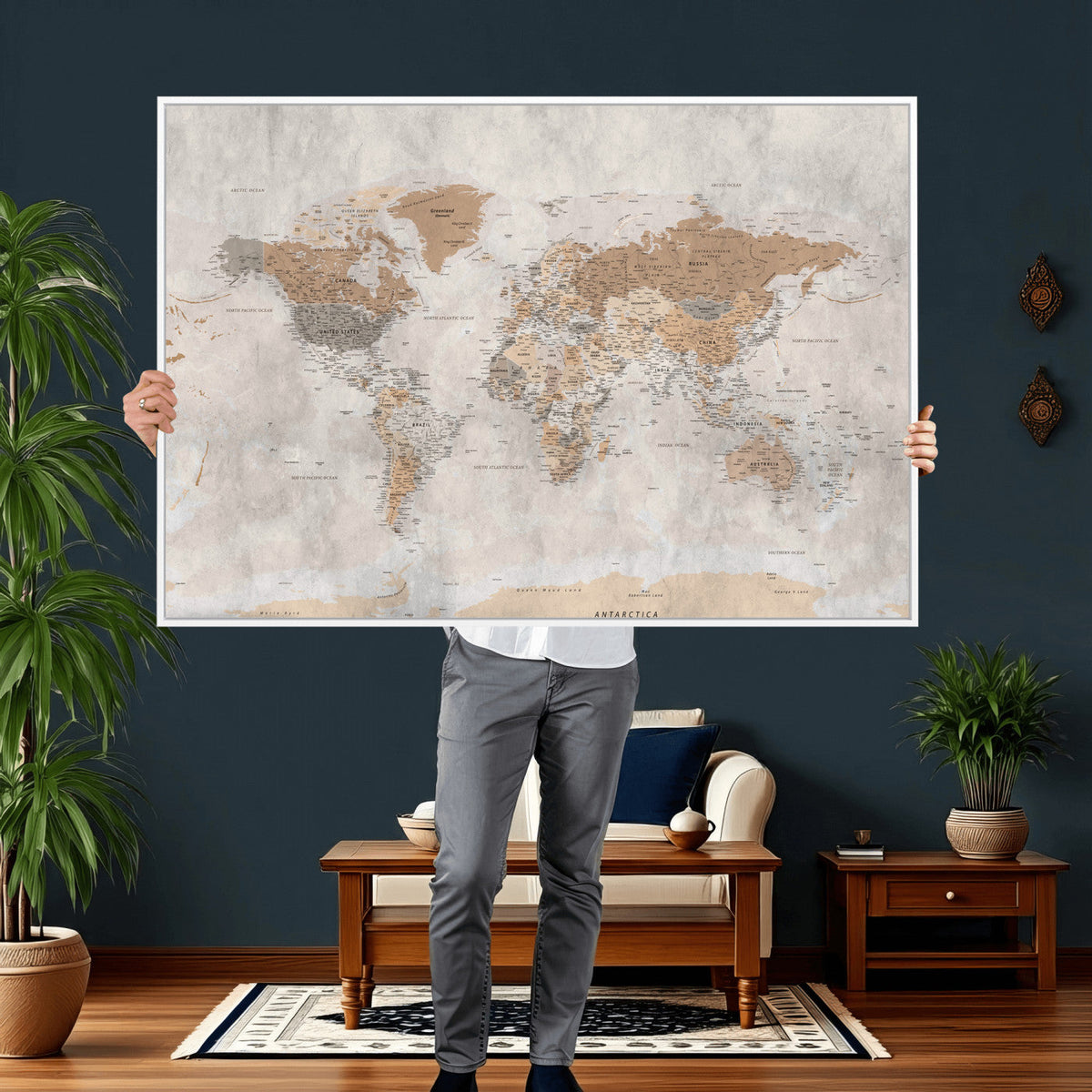 18074626DD-MGV-CV-36X24 - Extra Large Framed Personalize Push Pin World Map Wall Art Canvas Print for Travel Tracking NEWMAP - 009