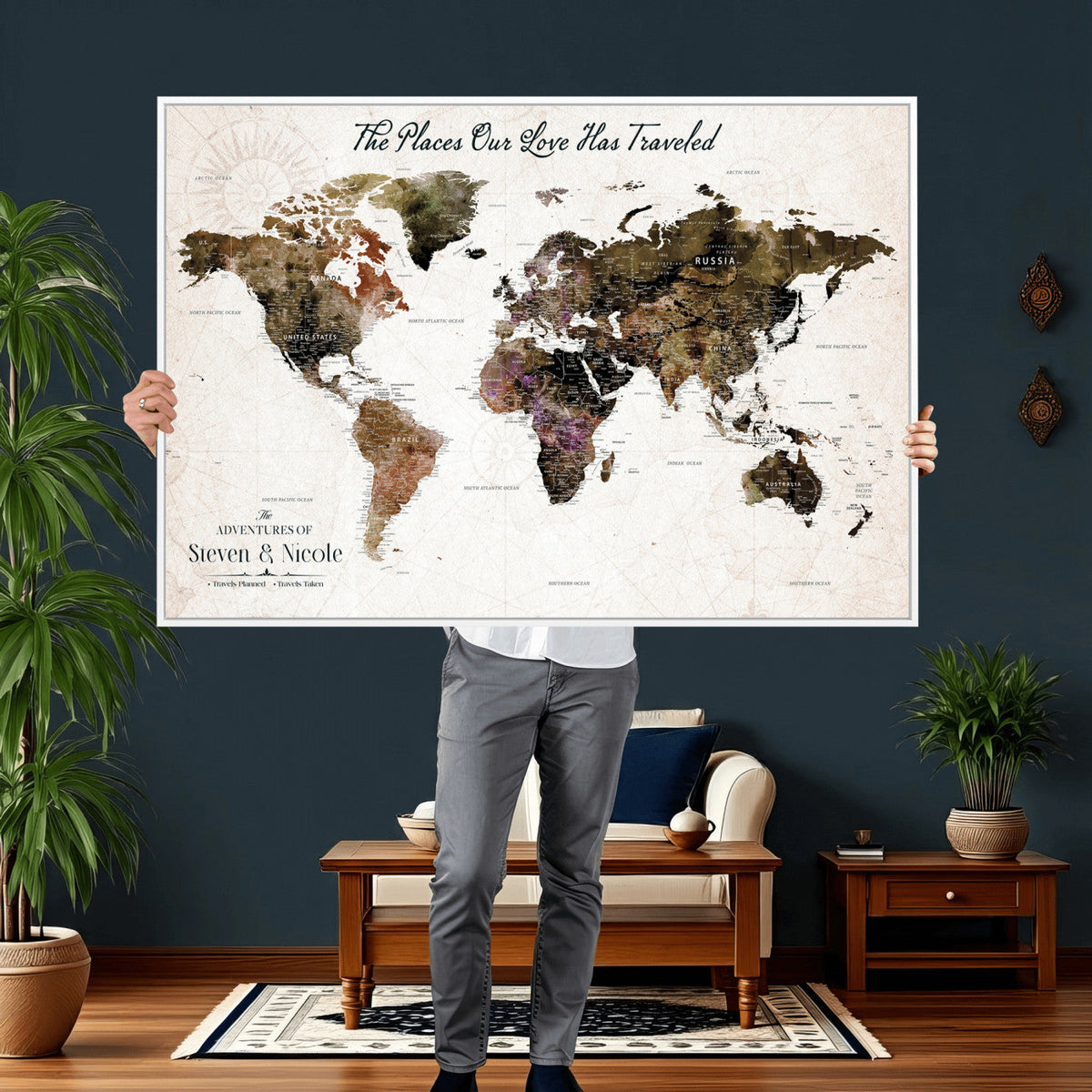 18074626D3D-MGV-CV-36X24 - Extra Large Framed Personalized Push Pin World Map Wall Art Canvas Print for Travel Tracking