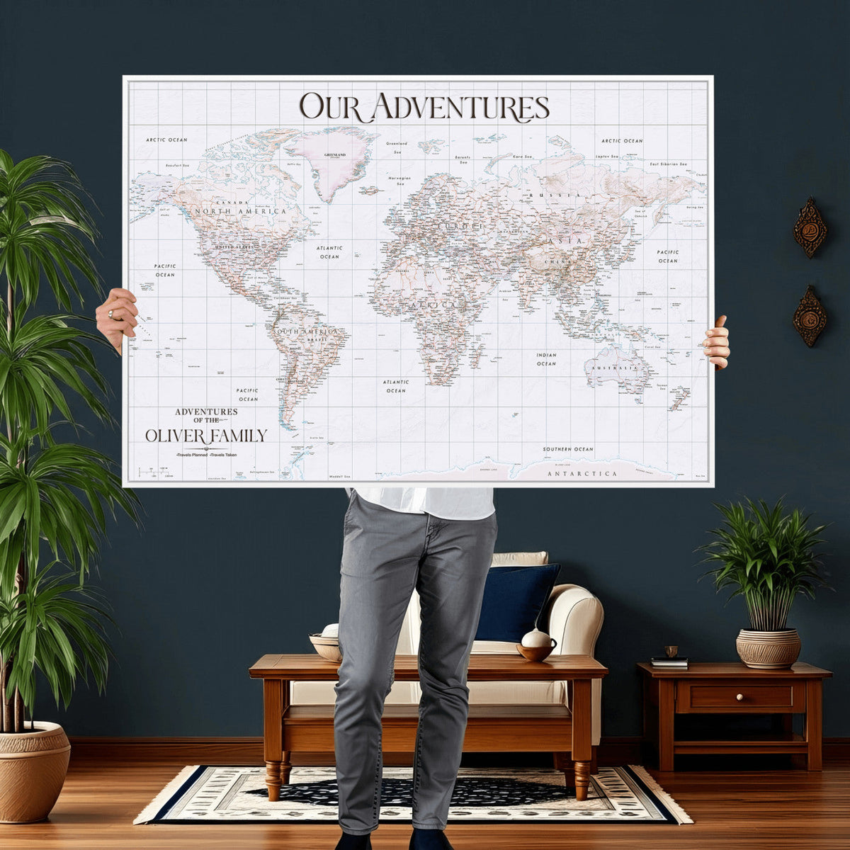 18074626D3DD-MGV-CV-36X24 - Extra Large Framed Personalized Push Pin World Map Wall Art Canvas Print for Travel Tracking
