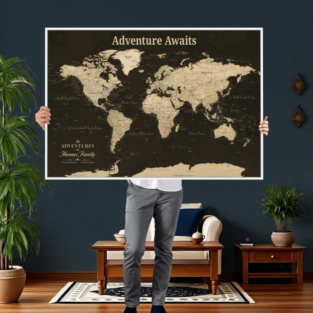 Custom Beige Modern World Travel Map Wall Art with Pins, Family Travel Tracker, Dining Room and Entryway Decor