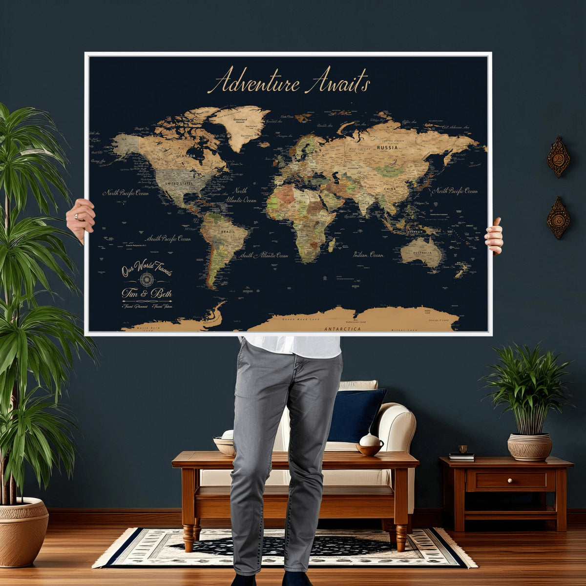 Custom Beige Push Pin World Map Wall Art, Family Travel Tracker, Home Office and Study Decor