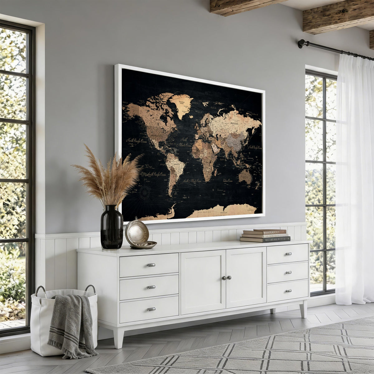 55335455D-MGV-CV-36X24 - Custom Push Pin World Map Wall Art Canvas Print – Personalized Travel Tracker with Pins Framed Large for Home and Office Decor