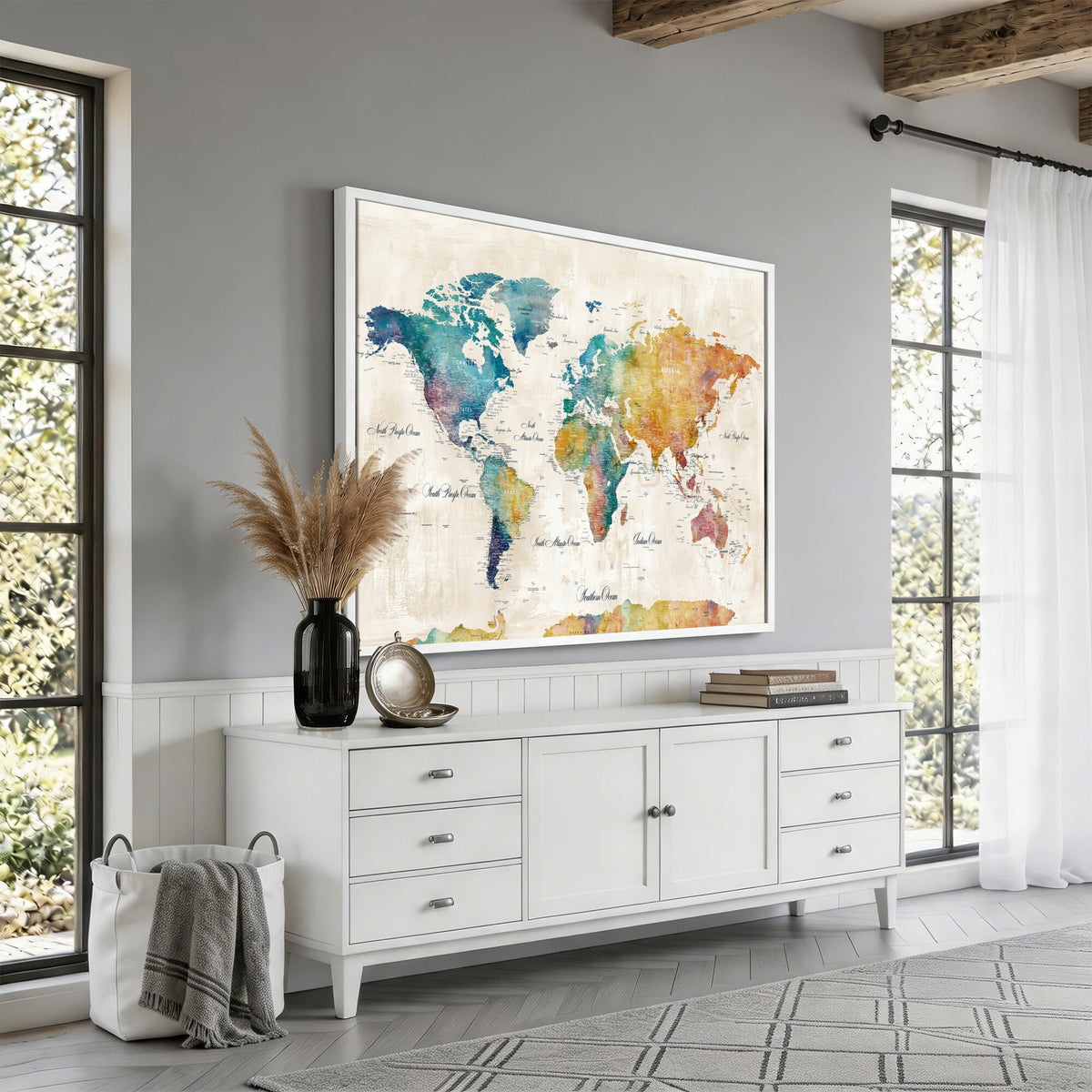 53654999D-MGV-CV-36X24 - Custom Push Pin World Map Wall Art Canvas Print – Personalized Travel Tracker with Pins Framed Large for Home and Office Decor