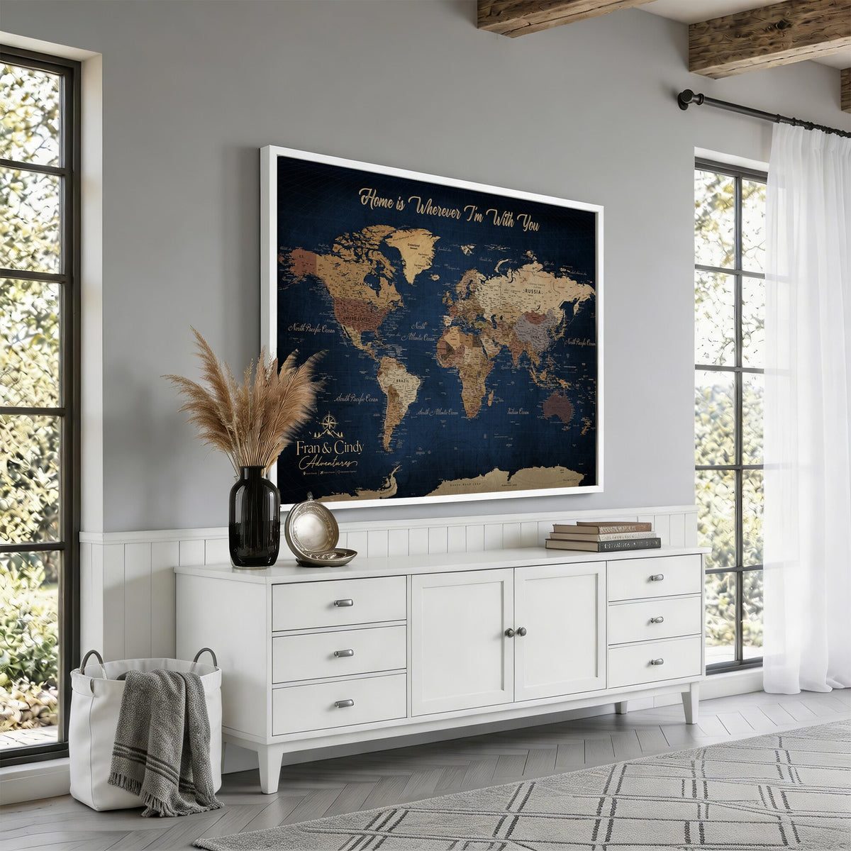 57774467D-MGV-CV-36X24 - Custom Push Pin World Map Wall Art Canvas Print – Personalized Travel Tracker with Pins Framed Large for Home and Office Decor