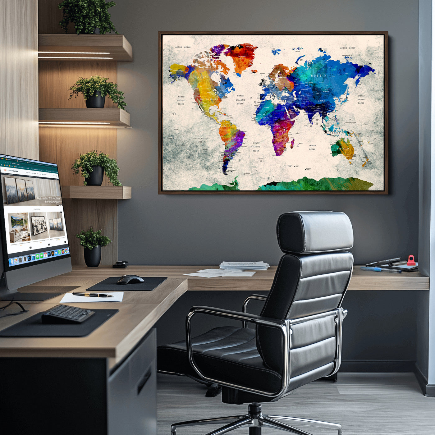 Push Pin World Map Canvas Print – Framed Wall Art for Couples to Track Their Travels – Anniversary Gift or Home Adventure Decor