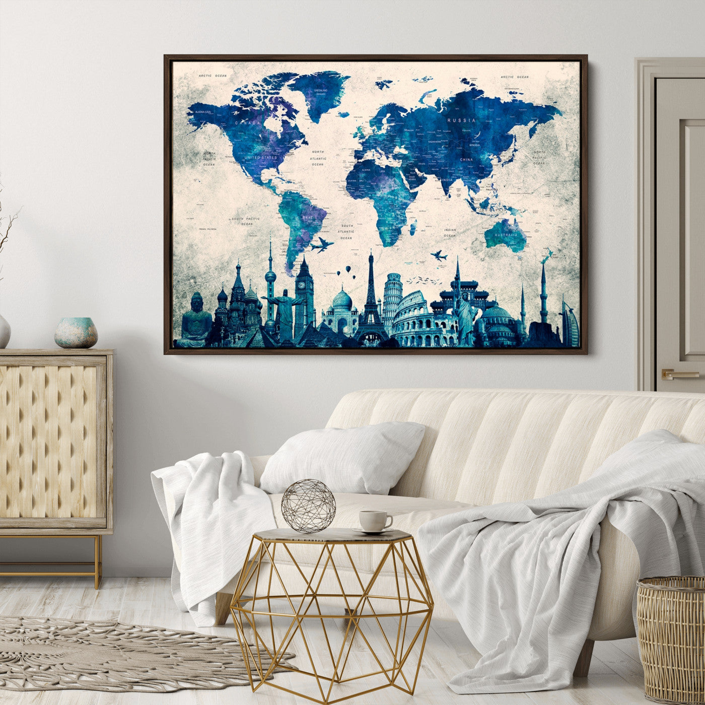 Navy Blue World Map Canvas Print, Wonder of World Map Push Pin Canvas Print