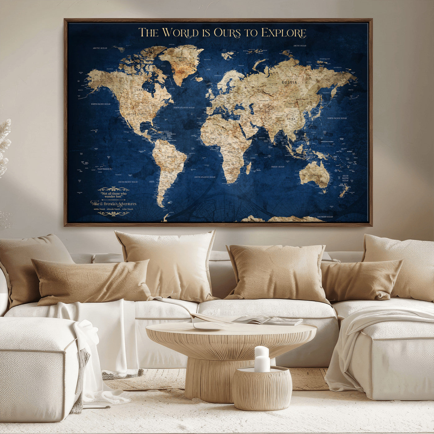 Custom World Map Wall Art – Personalized Framed Canvas Print with Push Pins for Travel Tracking, Anniversary or Couple Gift Ideas - H2-2