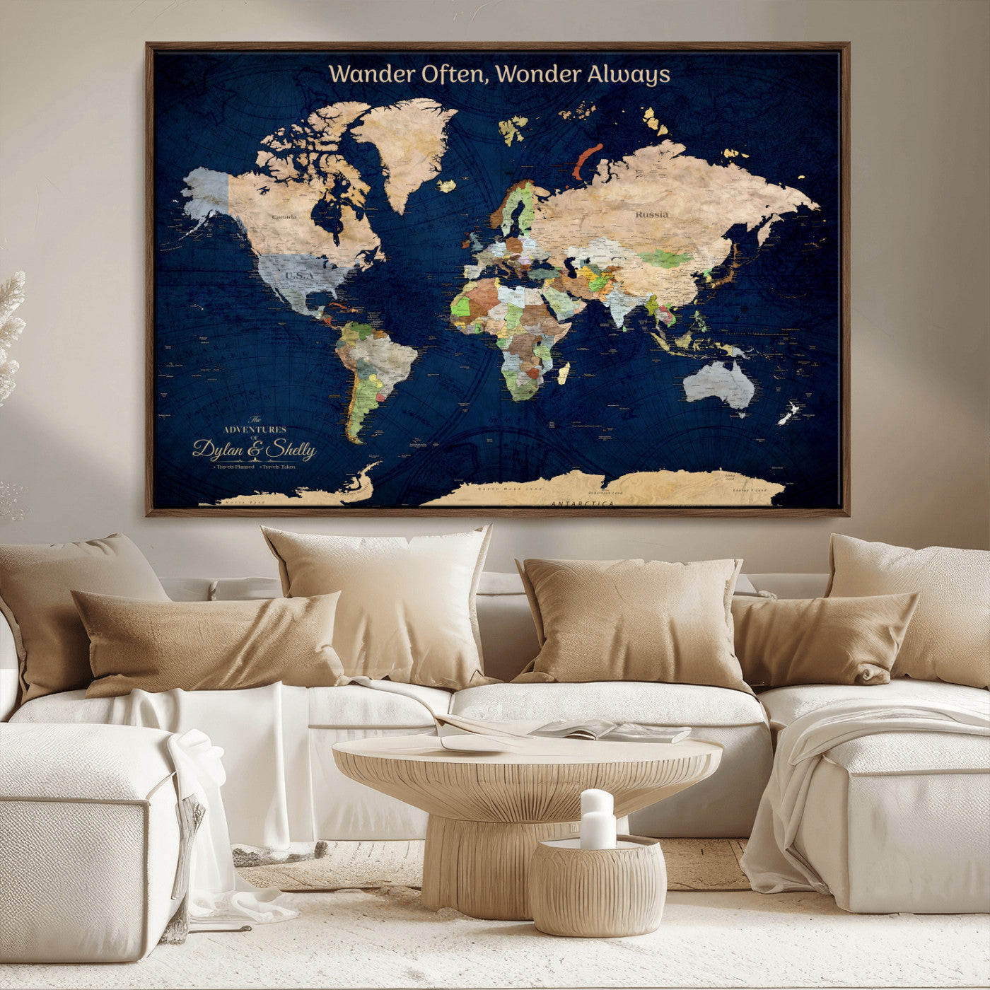 12399561-MGV-CV-30X20-Personalized World Map Print, Customizable Push Pin Framed World Map Print on Canvas - Custom Quote on Map Print