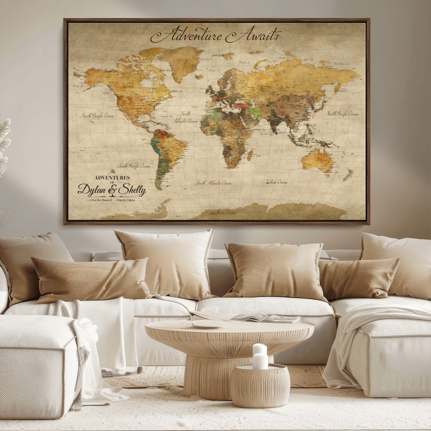 50298017-MGV-CV-36X24-Personalized World Map Print, Customizable Push Pin Framed World Map Print on Canvas - Custom Quote on Map Print
