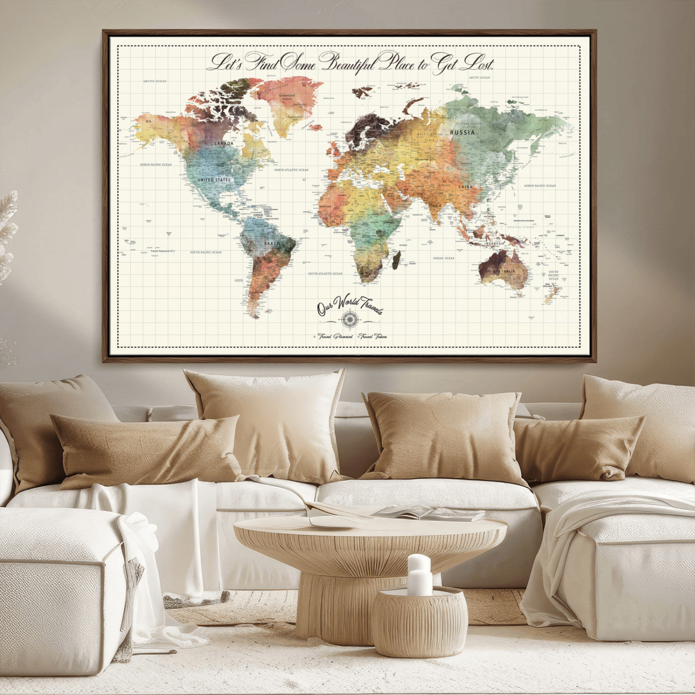 29289638-MGV-CV-36X24-Personalized World Map Print - Customizable Push Pin Framed World Map Print on Canvas - Custom Quote on Map Print