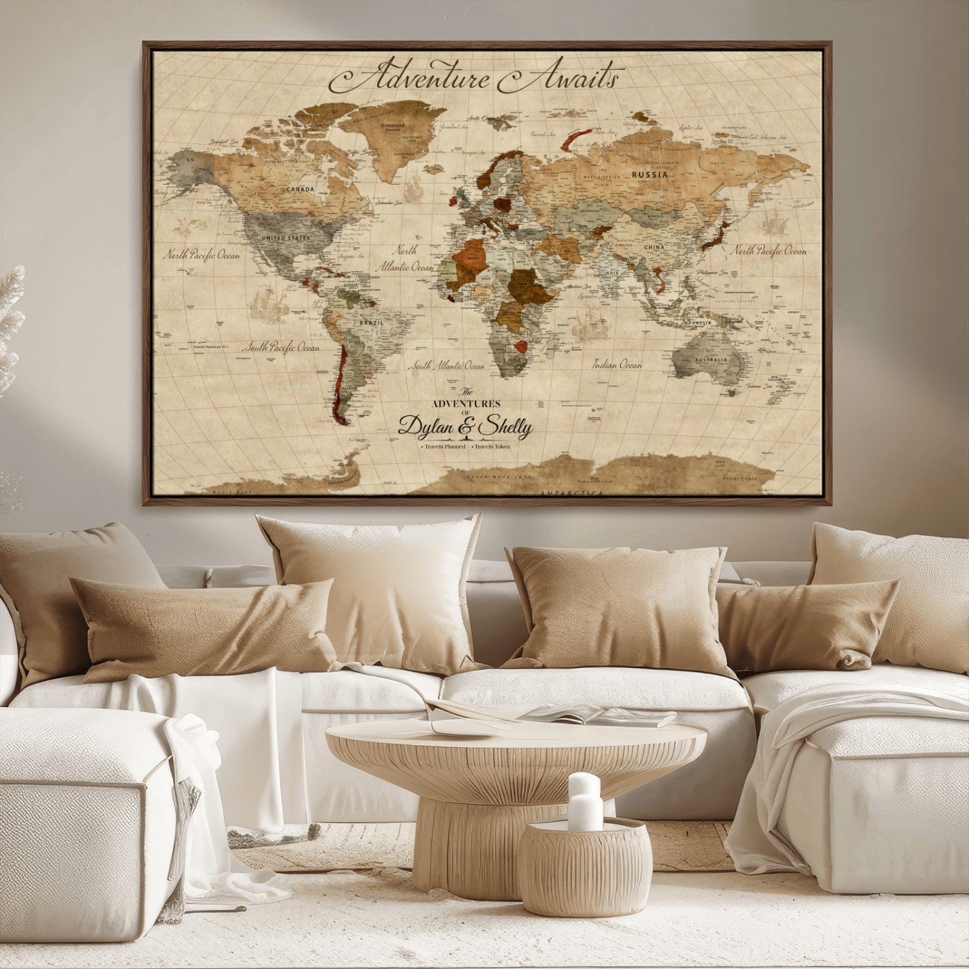 29054239-MGV-CV-36X24-Personalized World Map Print - Customizable Push Pin Framed World Map Print on Canvas - Custom Quote on Map Print