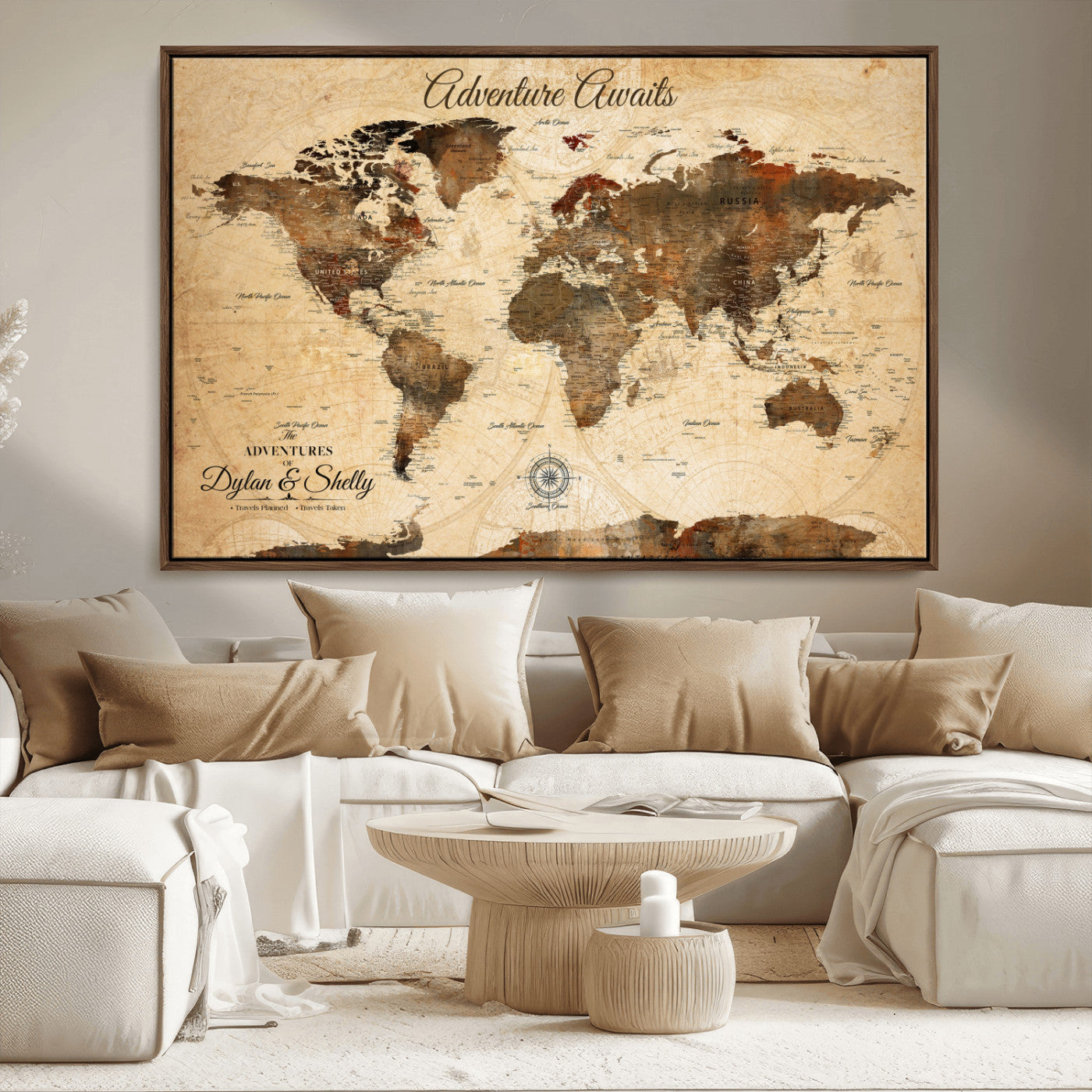 66357947-MGV-CV-36X24-Personalized World Map Print, Customizable Push Pin Framed World Map Print on Canvas - Custom Quote on Map Print
