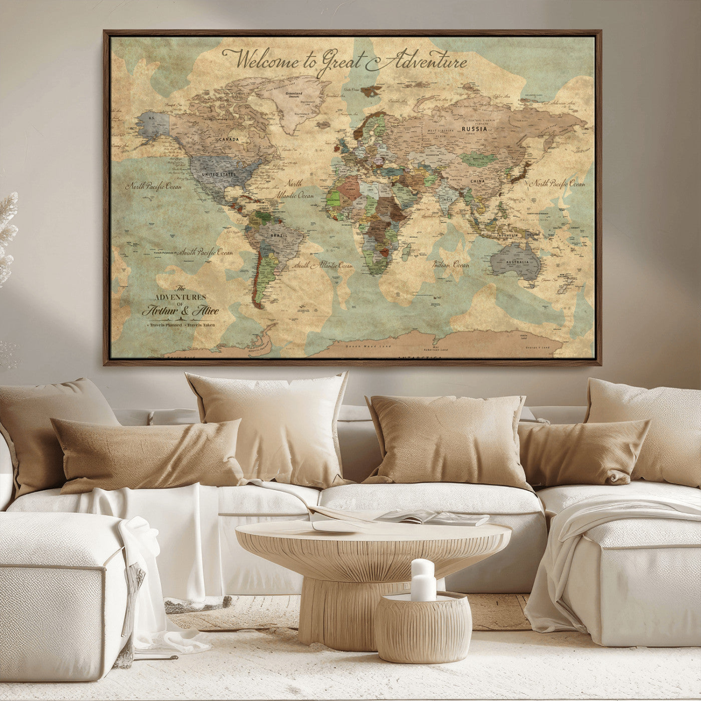 17693651-MGV-CV-36X24-Custom Push Pin World Map Wall Canvas Print – Personalized Travel Tracker with Pins – Framed Custom Quotie Canvas for Home Office Decor Art Print