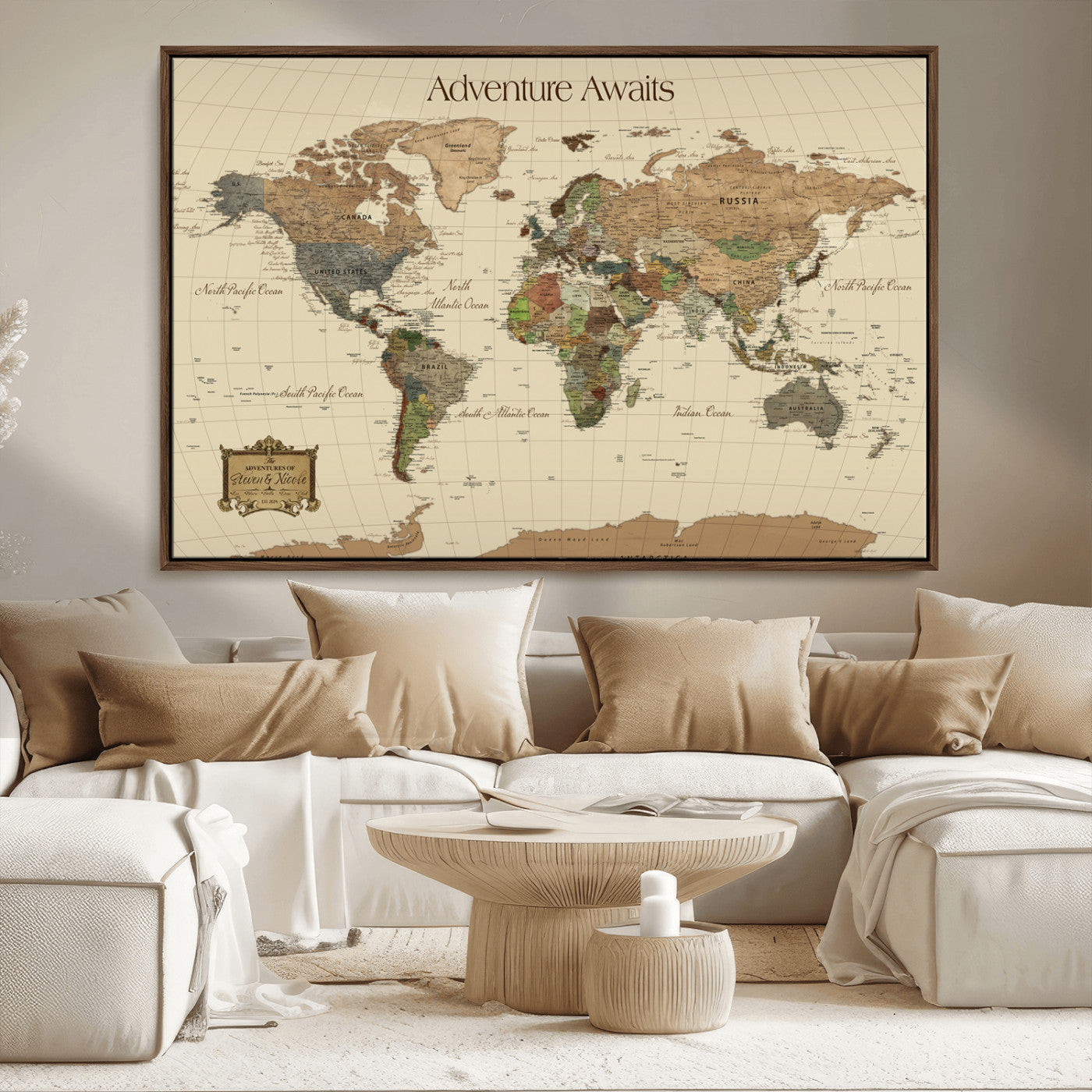74480507-MGV-CV-36X24-Custom Push Pin World Map Wall Canvas Print – Personalized Travel Tracker with Pins – Framed Custom Quotie Canvas for Home Office Decoration