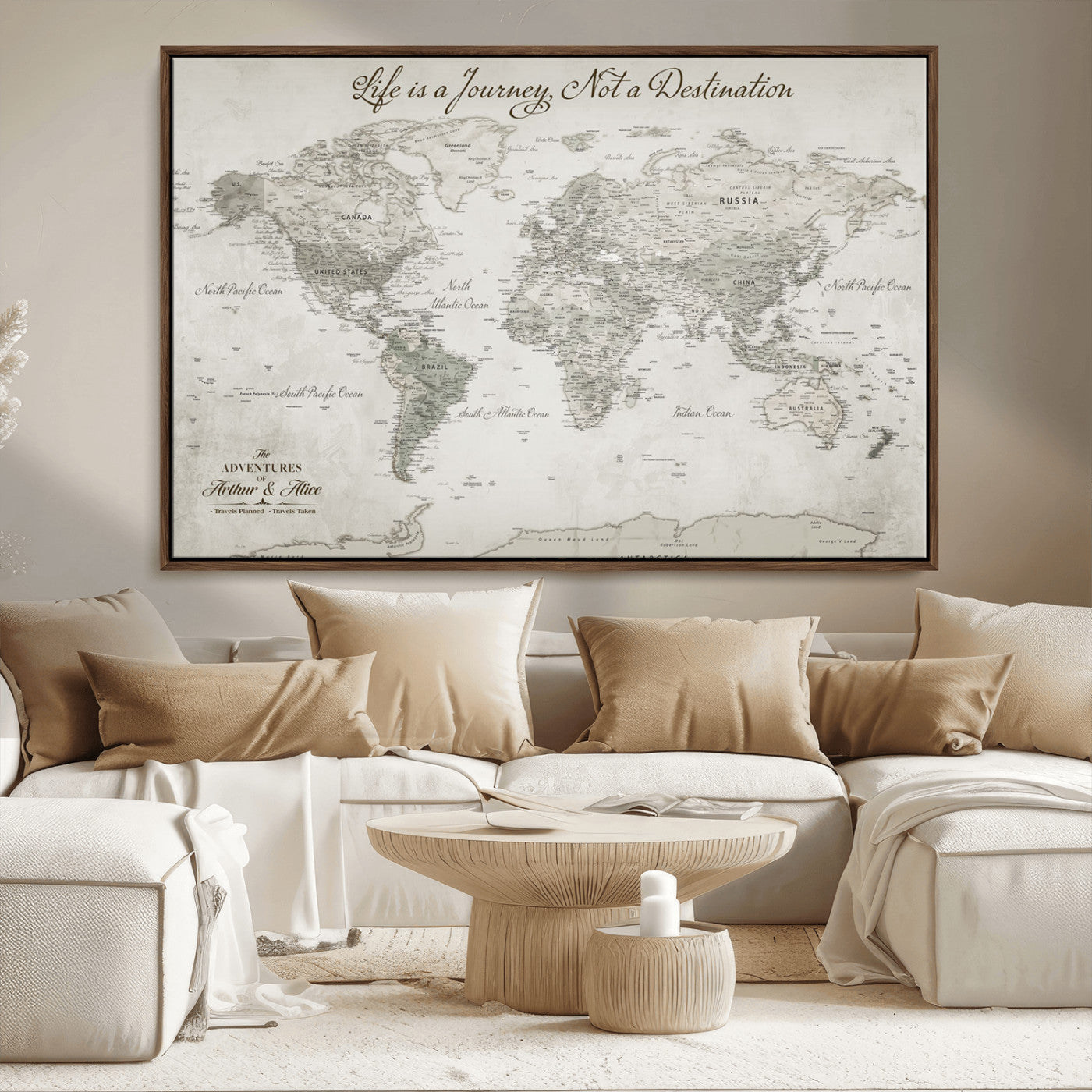 Custom Push Pin World Map Wall Canvas Print – Personalized Travel Tracker with Pins – Framed Custom Quotie Canvas for Home Office Decor