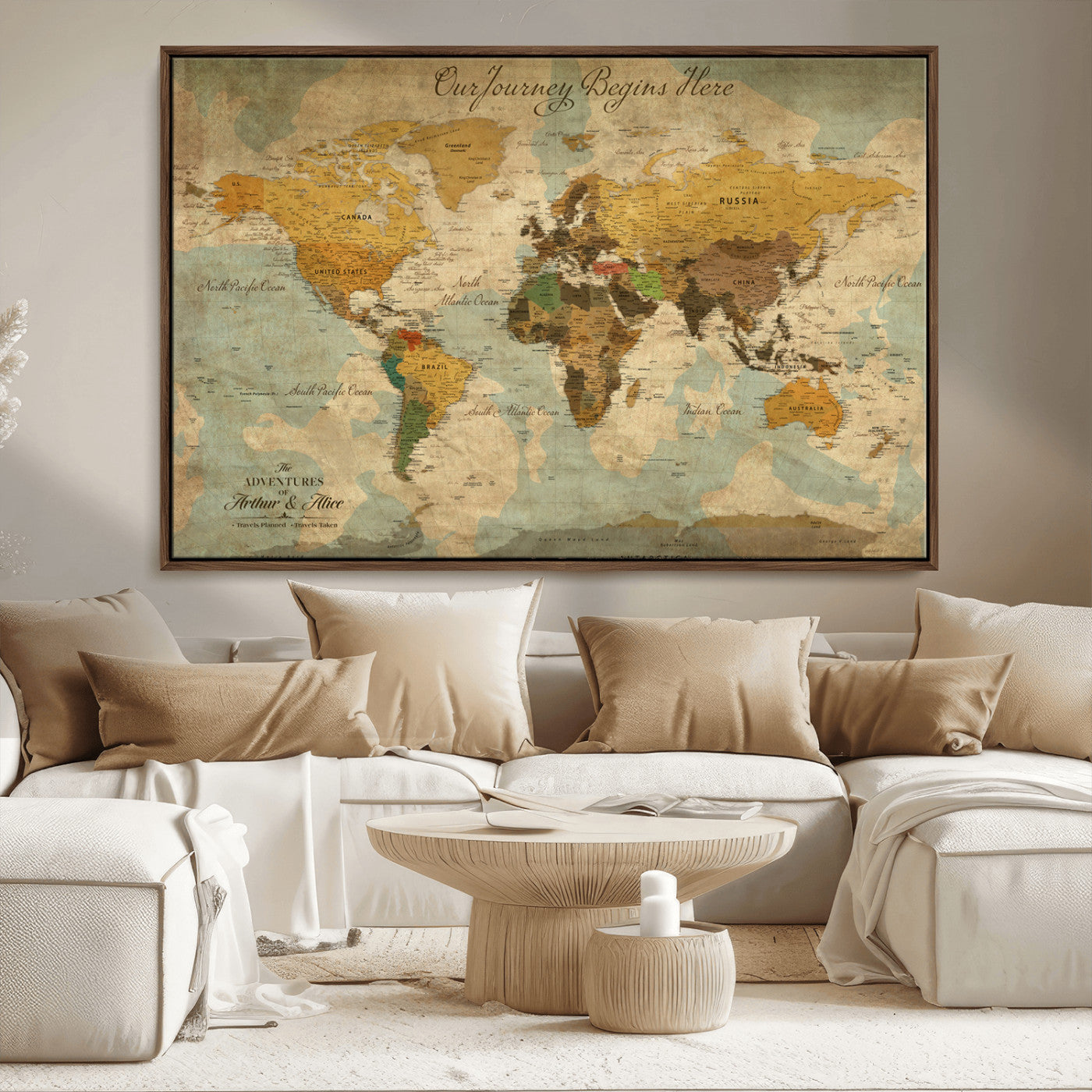 40572820-MGV-CV-36X24-Custom Push Pin World Map Wall Canvas Print – Personalized Travel Tracker with Pins – Framed Custom Quotie Canvas for Home Office Decor