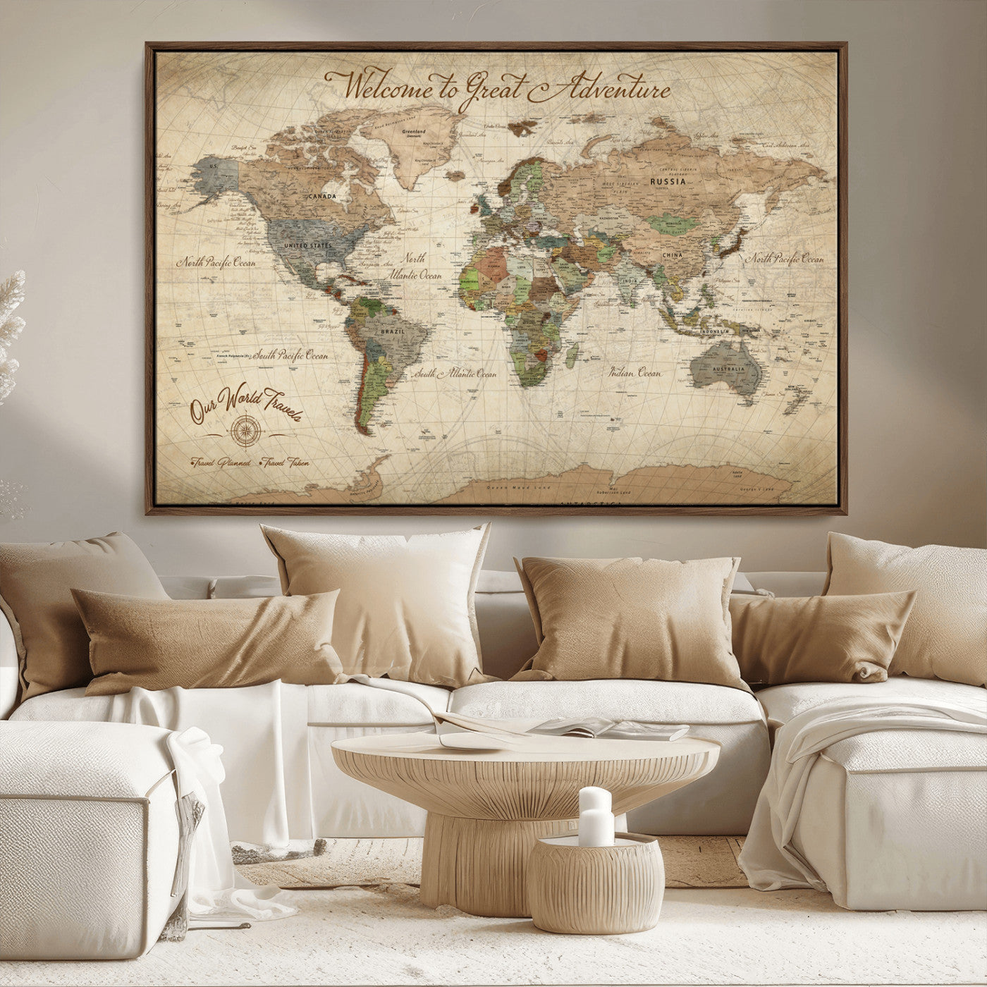 76478536-MGV-CV-30X20-Custom Push Pin World Map Wall Canvas Print – Personalized Travel Tracker with Pins – Framed Custom Quotie Canvas for Home Office Decor