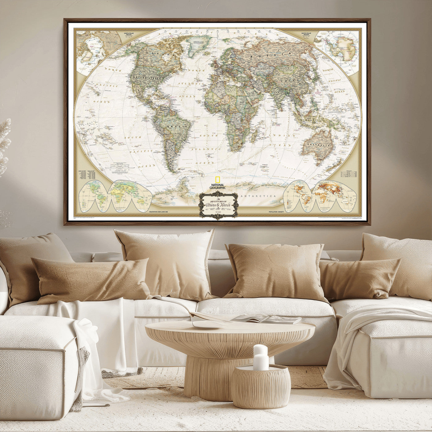 Custom Push Pin World Map Wall Art Canvas Print – Personalized National Geopraphic Map for Travel Plan – Framed Customize Animal Map for Stady Room Decor