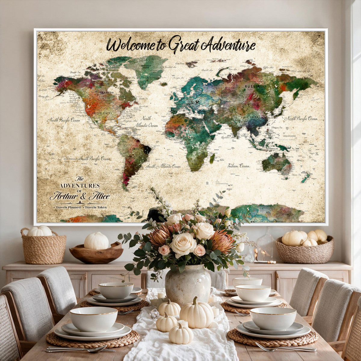 Personalized Beige Grunge World Map Canvas with Push Pins, Next Trip Planner Map, Family Room and Home Office Decor