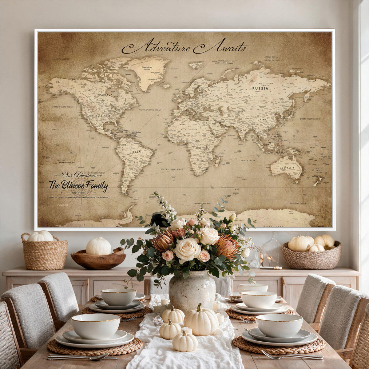 Personalized Black Modern Push Pin World Map Wall Art, Places Visited Tracker, Family Room and Bedroom Decor
