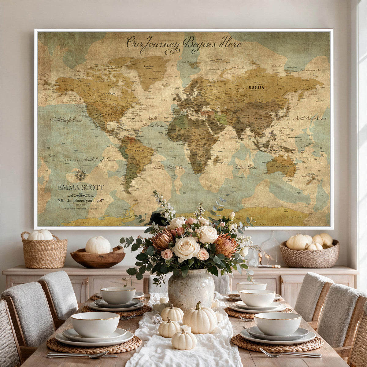 Personalized Navy Push Pin Travel Map Canvas Print, Couples Countries Visited Map, Living Room and Dining Room Decor