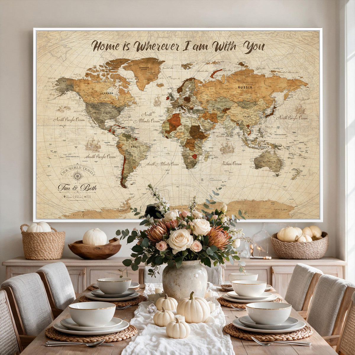 Personalized Framed Black Modern Push Pin World Map Wall Art, Couples Countries Visited Map, Dining Room and Hallway Decor