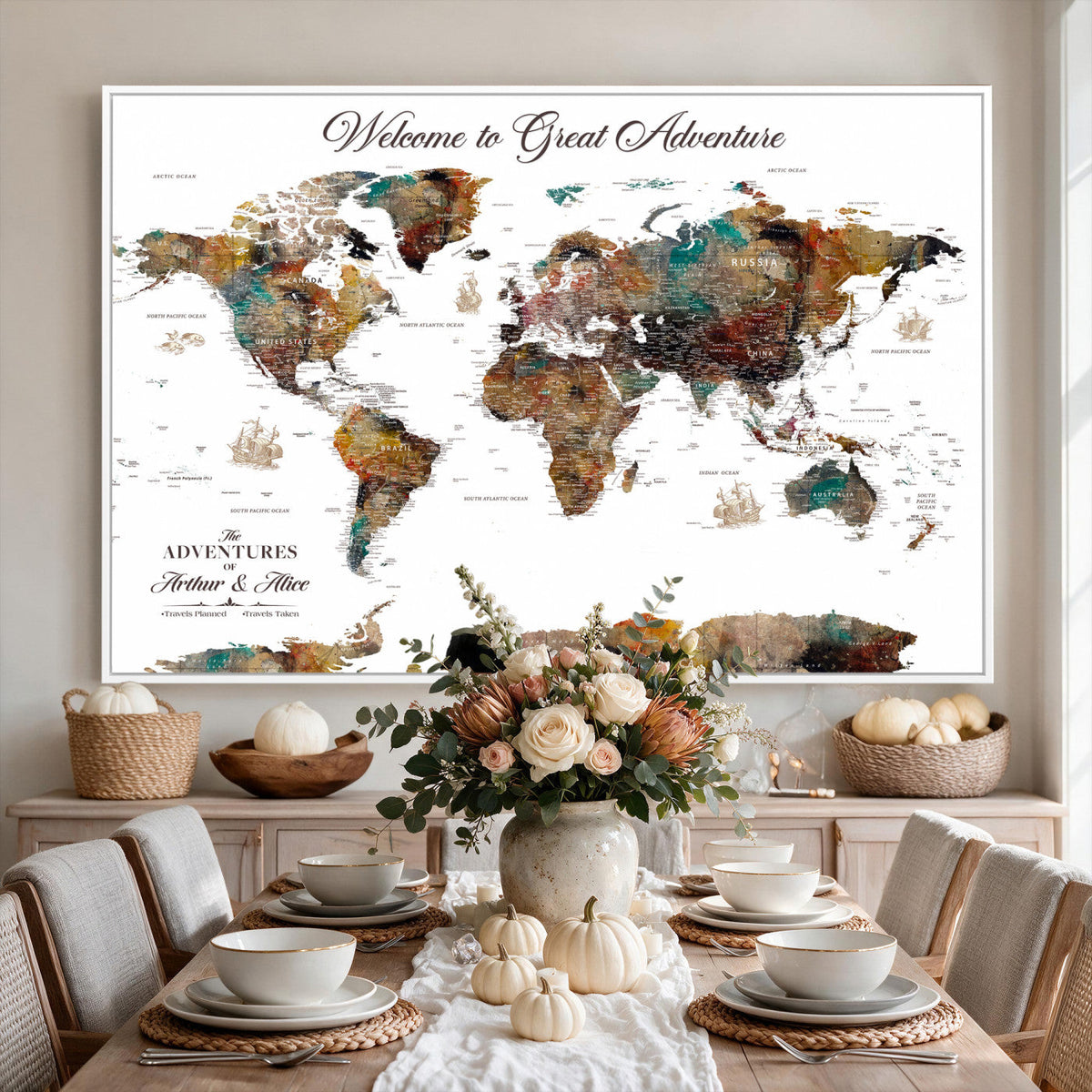 Custom Framed Beige Modern Push Pin World Map Wall Art, Couples Countries Visited Map, Study and Entryway Decor
